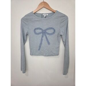 Pretty Garbage Blue Ribbed Long‎ Sleeve Crop Top with Bow Applique Small